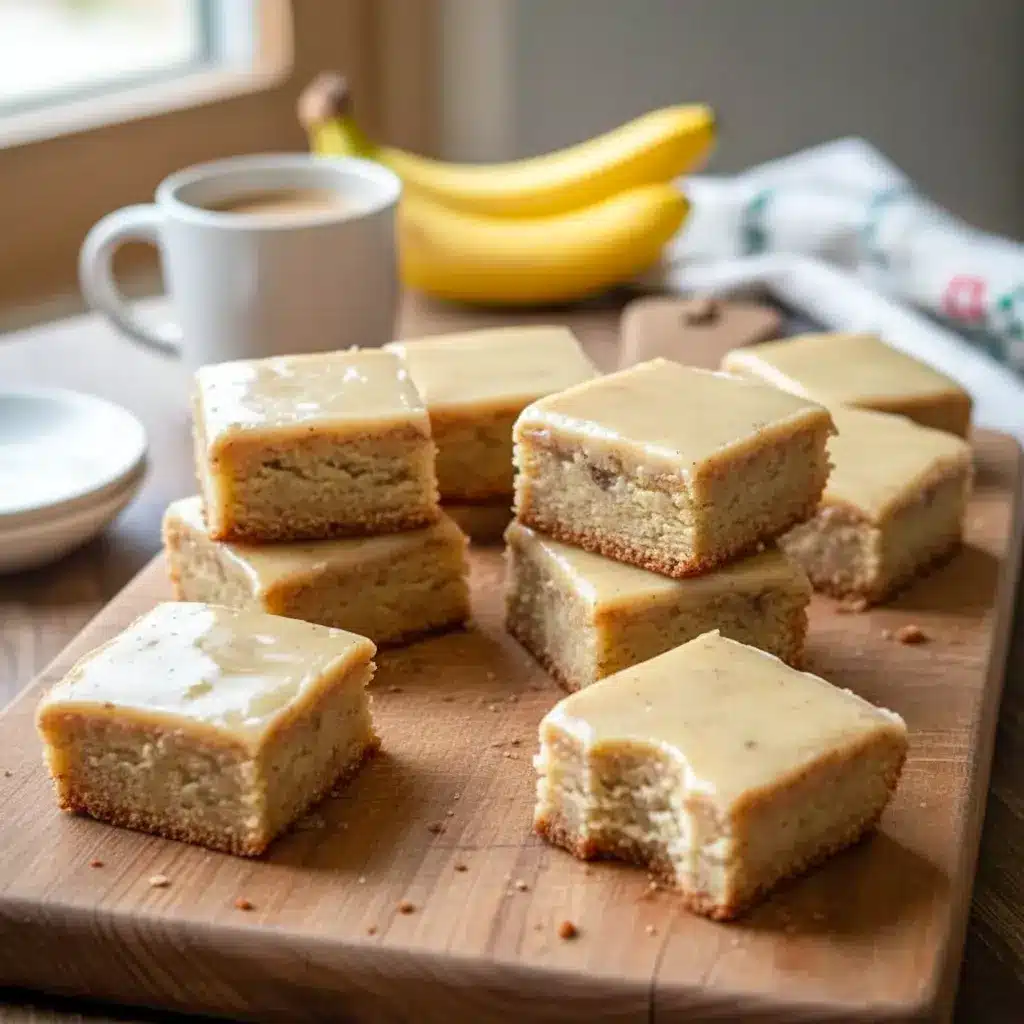 Freshly sliced Banana Dessert bars featuring soft Banana Bread Brownies with glossy brown butter frosting, showcasing a tender Banana Flavored crumb and golden edges on a serving platter.