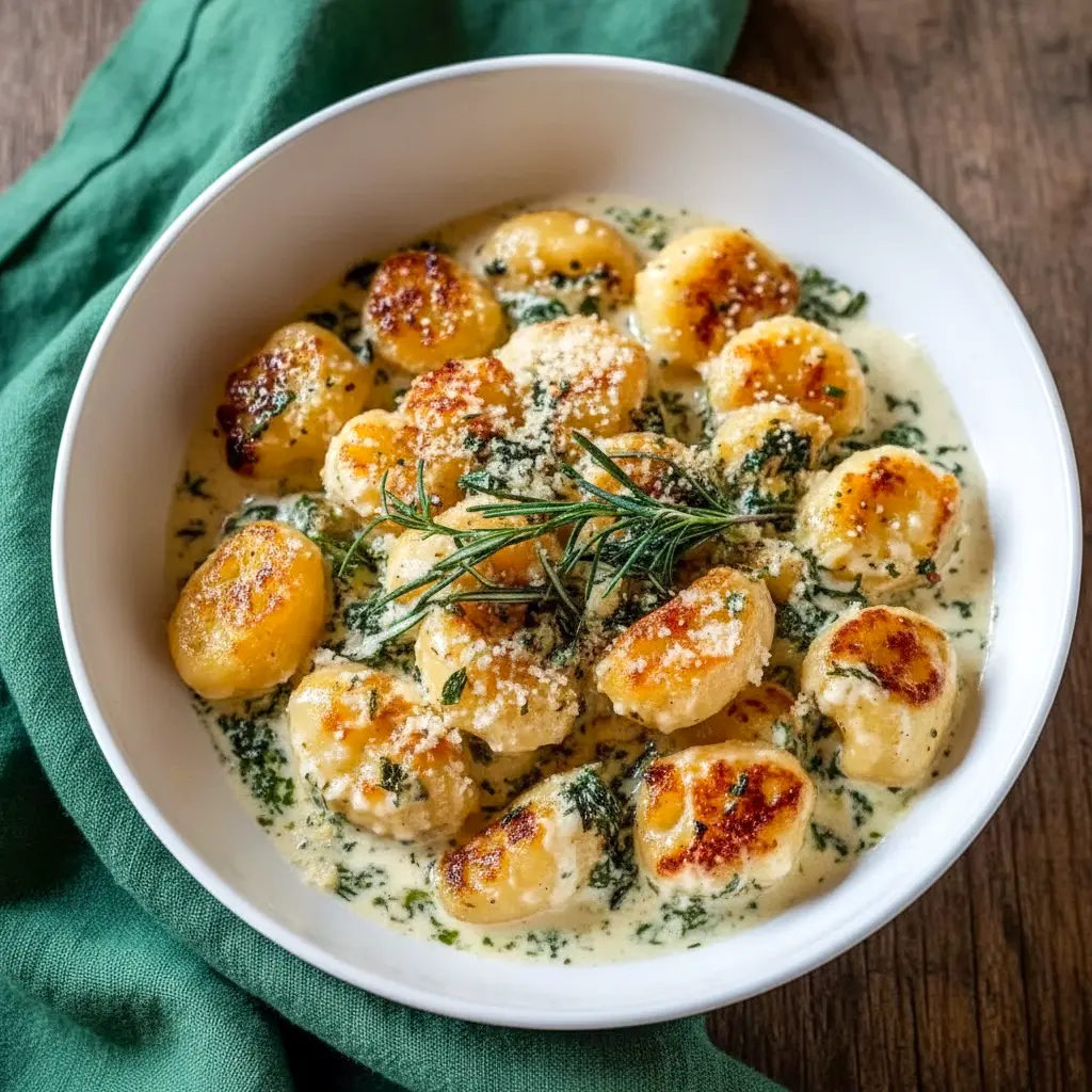 Golden, saucy gnocchi plated with herbs and cheese, showcasing luxe Fanciest Food comfort appeal — a creamy Gnocchi Pasta Recipe perfect for an elevated dinner moment.