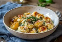Golden, saucy gnocchi plated with herbs and cheese, showcasing luxe Fanciest Food comfort appeal — a creamy Gnocchi Pasta Recipe perfect for an elevated dinner moment.