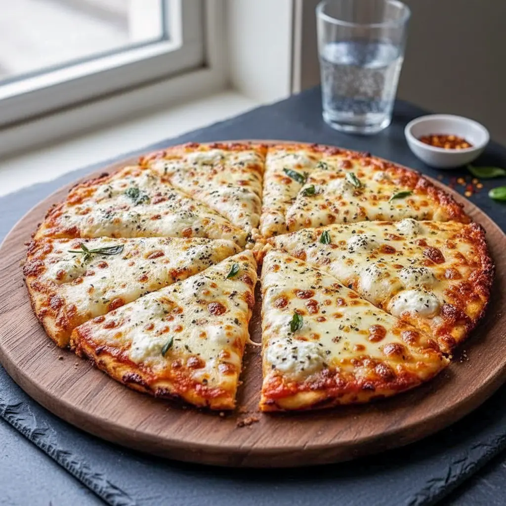 This Pizza Cottage Cheese base features a golden, baked Low Carb Pizza Crust topped with melted cheese and fresh toppings, showcasing a high-protein Cottage Cheese Crust perfect for healthy homemade pizza.