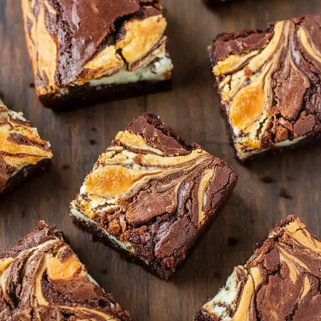 Close-up of Bourbon Cream Cheese Brownies featuring a glossy chocolate base and creamy bourbon swirl baked into thick, fudgy squares that look rich, decadent, and bakery-worthy.
