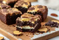 Close-up of Bourbon Cream Cheese Brownies featuring a glossy chocolate base and creamy bourbon swirl baked into thick, fudgy squares that look rich, decadent, and bakery-worthy.