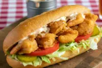 Unforgettable Crispy Fried Shrimp Sandwich with Legendary Creole Remoulade Sauce3 Shrimp Poboys Recipe featuring a crispy Fried Shrimp Sandwich stacked on French bread with lettuce, tomatoes, pickles, and rich Creole Sauce For Po Boy, inspired by iconic New Orleans flavors.