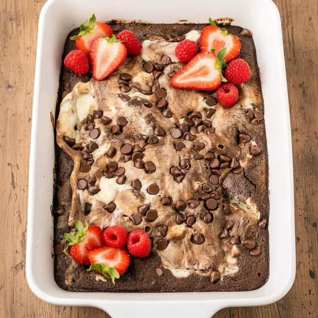 Slice of Keto Chocolate Dump Cake showing swirls of chocolate cake and cheesecake with pecans and sugar-free chocolate chips — a decadent option for Low Carb Keto Cake Recipes and satisfying Low Carb Recipes Sweets lovers.