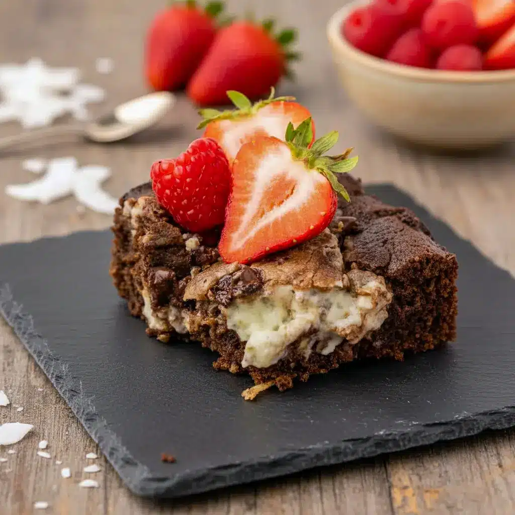 Slice of Keto Chocolate Dump Cake showing swirls of chocolate cake and cheesecake with pecans and sugar-free chocolate chips — a decadent option for Low Carb Keto Cake Recipes and satisfying Low Carb Recipes Sweets lovers.