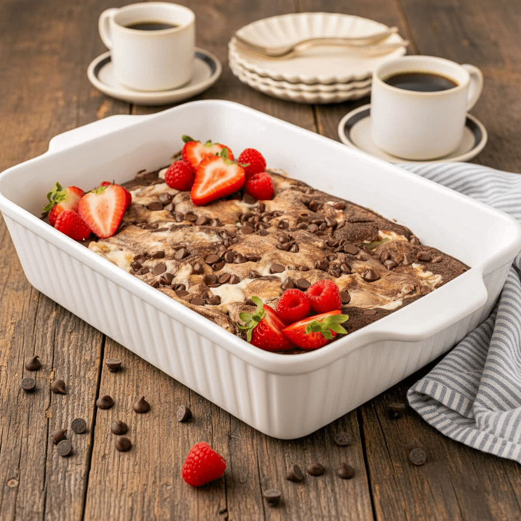 Slice of Keto Chocolate Dump Cake showing swirls of chocolate cake and cheesecake with pecans and sugar-free chocolate chips — a decadent option for Low Carb Keto Cake Recipes and satisfying Low Carb Recipes Sweets lovers.