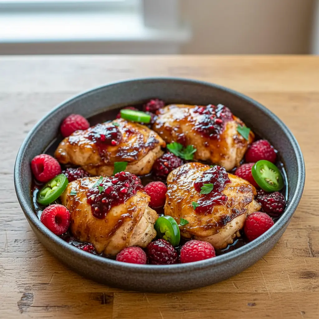 Jalapeño Raspberry Chicken Dinner served in a skillet with glossy raspberry glaze, fresh jalapeño slices, and whole raspberries, styled as one of the most Unique Dinner Recipes Creative for elegant weeknight or date-night meals.