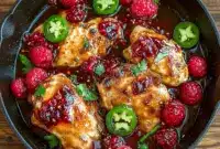 Jalapeño Raspberry Chicken Dinner served in a skillet with glossy raspberry glaze, fresh jalapeño slices, and whole raspberries, styled as one of the most Unique Dinner Recipes Creative for elegant weeknight or date-night meals.