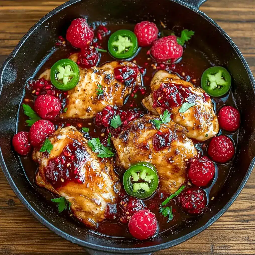 Jalapeño Raspberry Chicken Dinner served in a skillet with glossy raspberry glaze, fresh jalapeño slices, and whole raspberries, styled as one of the most Unique Dinner Recipes Creative for elegant weeknight or date-night meals.