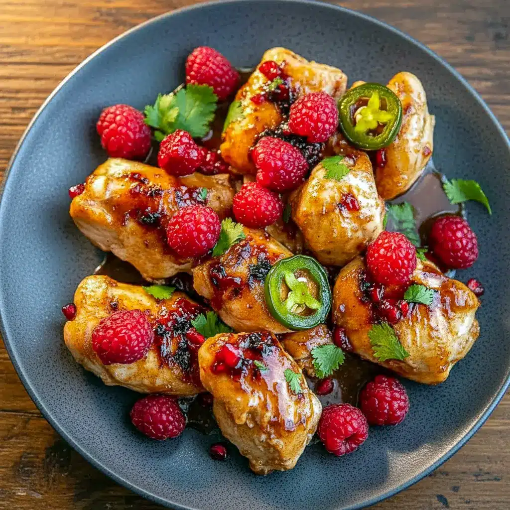 Jalapeño Raspberry Chicken Dinner served in a skillet with glossy raspberry glaze, fresh jalapeño slices, and whole raspberries, styled as one of the most Unique Dinner Recipes Creative for elegant weeknight or date-night meals.