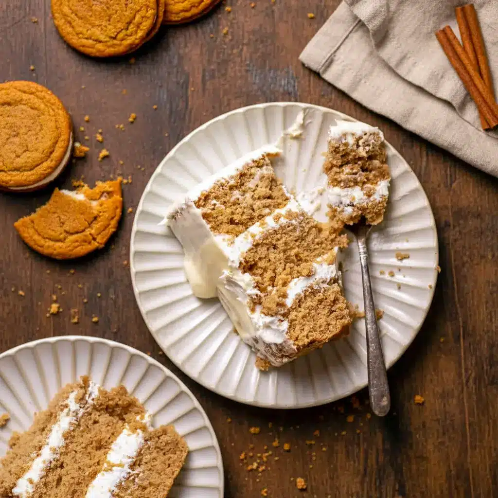 Slice of Oatmeal Pie Cake with thick vanilla cream filling and white chocolate glaze dripping over spiced oatmeal layers — one of the most comforting Fun Flavored Cakes and a unique twist on a nostalgic Pie Cake Recipe.