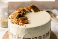 Slice of Oatmeal Pie Cake with thick vanilla cream filling and white chocolate glaze dripping over spiced oatmeal layers — one of the most comforting Fun Flavored Cakes and a unique twist on a nostalgic Pie Cake Recipe.