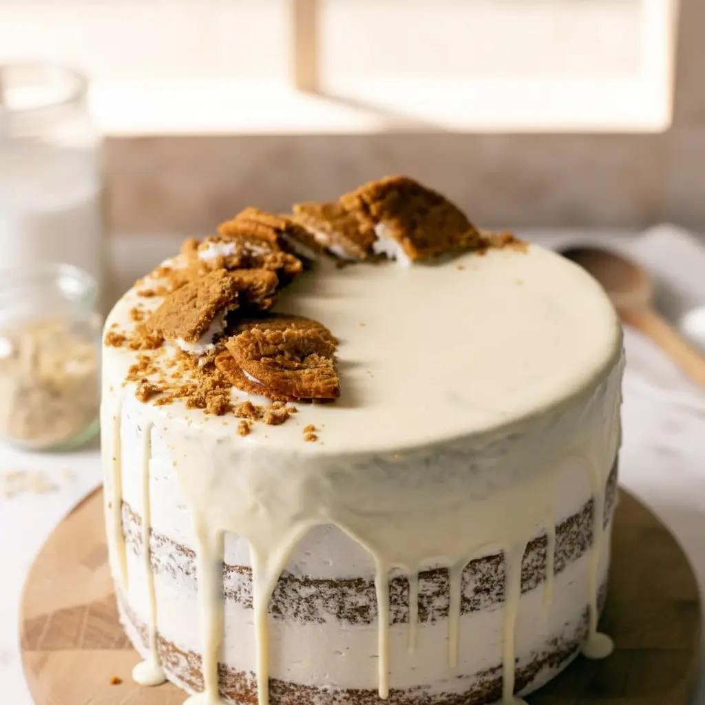 Slice of Oatmeal Pie Cake with thick vanilla cream filling and white chocolate glaze dripping over spiced oatmeal layers — one of the most comforting Fun Flavored Cakes and a unique twist on a nostalgic Pie Cake Recipe.