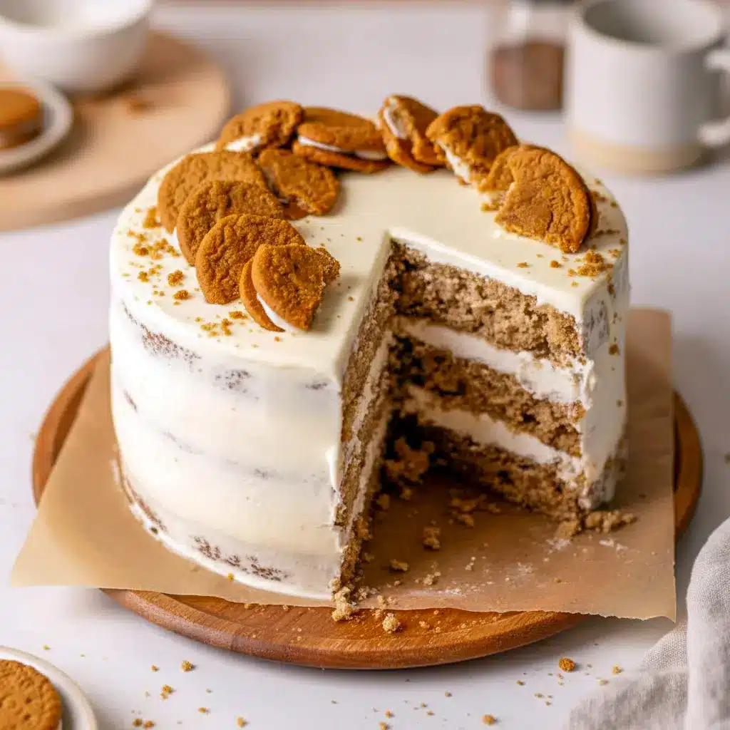 Slice of Oatmeal Pie Cake with thick vanilla cream filling and white chocolate glaze dripping over spiced oatmeal layers — one of the most comforting Fun Flavored Cakes and a unique twist on a nostalgic Pie Cake Recipe.