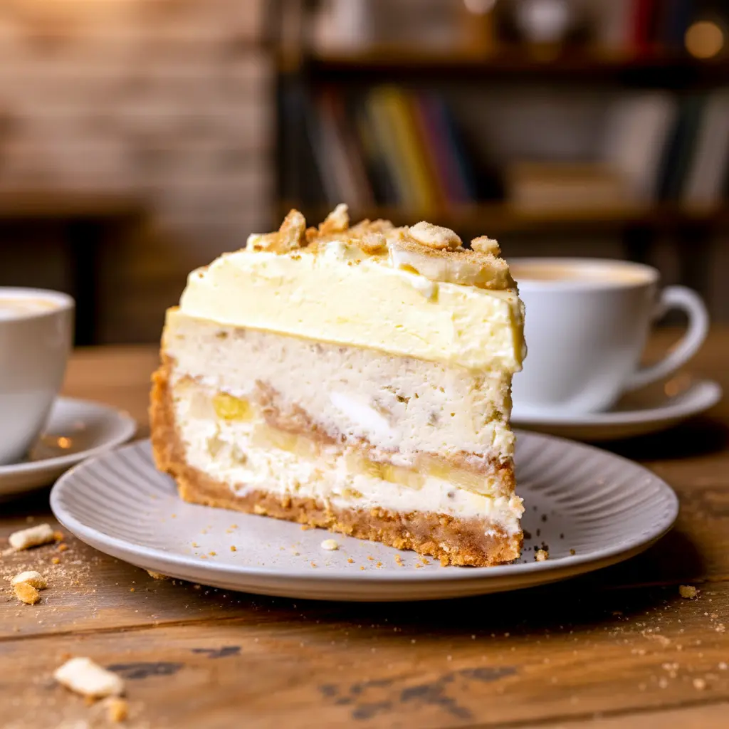 Slice of Banana Pudding Cheesecake With Wafers featuring a golden cookie crust, creamy banana layers, crushed wafers, and whipped topping, a rich Banana Pudding Nilla Wafer Dessert perfect for banana lovers.