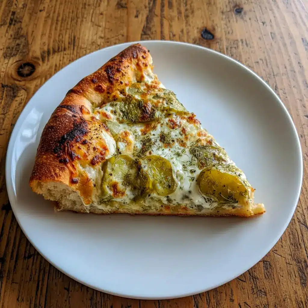 Golden baked Dill Pickle Pizza With Ranch Sauce topped with melted mozzarella, creamy Dill Pickle Pizza Sauce, and tangy dill pickle slices on a crispy crust, a bold and flavorful Pickle Ranch Pizza perfect for pickle lovers.