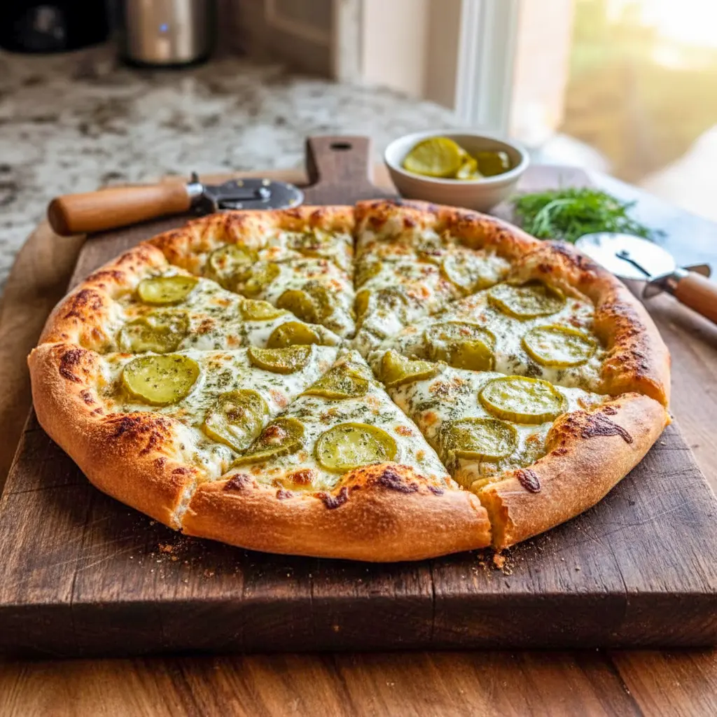 Golden baked Dill Pickle Pizza With Ranch Sauce topped with melted mozzarella, creamy Dill Pickle Pizza Sauce, and tangy dill pickle slices on a crispy crust, a bold and flavorful Pickle Ranch Pizza perfect for pickle lovers.