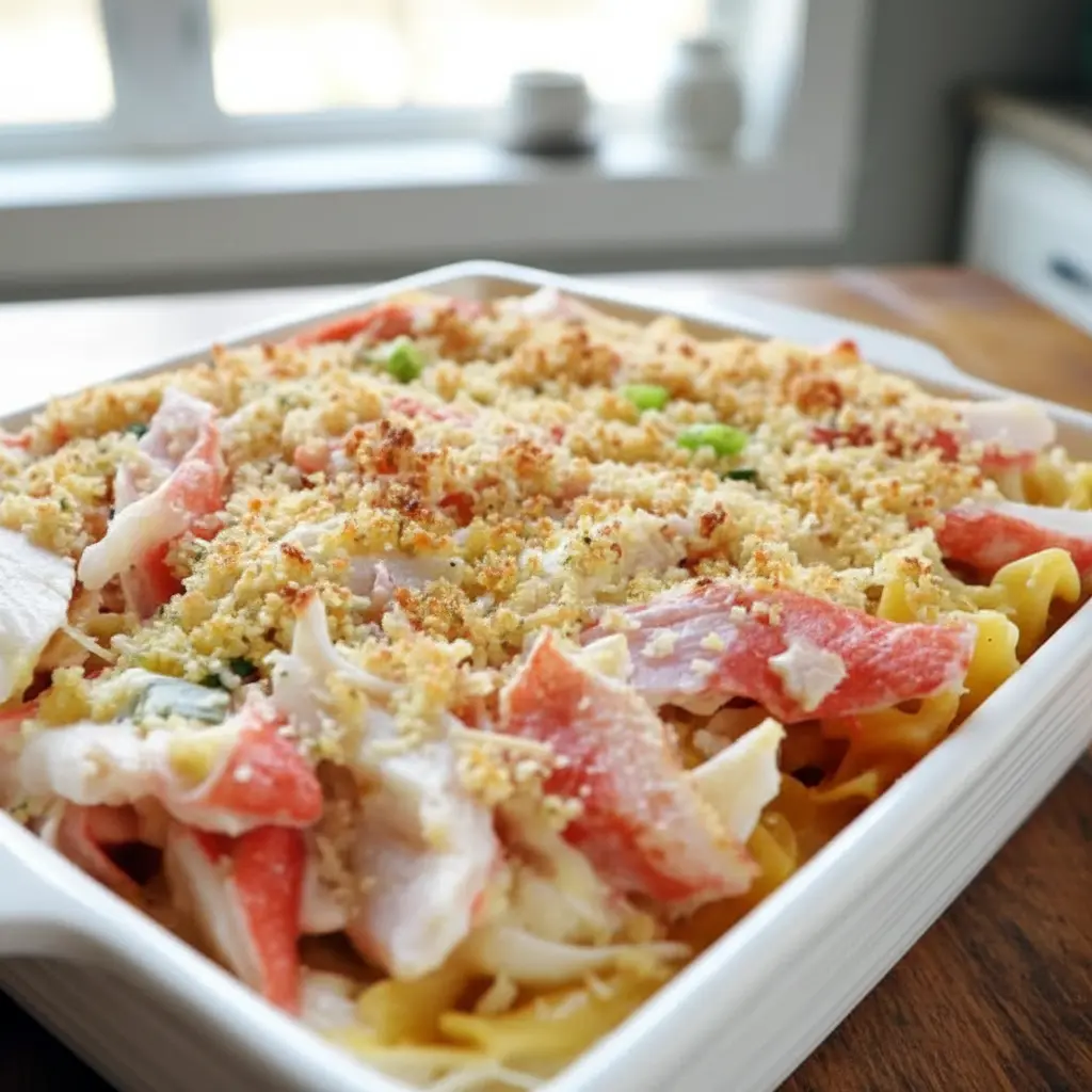 Baked Crab Rangoon Casserole with creamy crab and noodle layers topped with golden parmesan panko crust — a comforting twist on Crab Rangoon Pasta perfect for easy weeknight dinners.