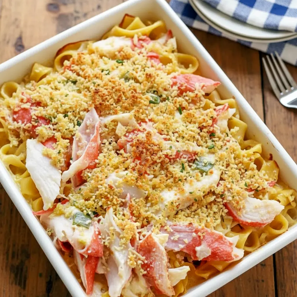 Baked Crab Rangoon Casserole with creamy crab and noodle layers topped with golden parmesan panko crust — a comforting twist on Crab Rangoon Pasta perfect for easy weeknight dinners.