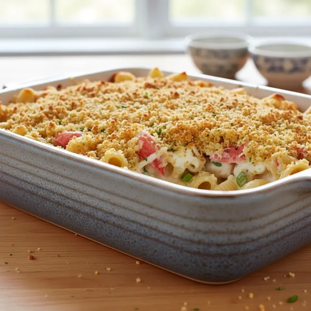 Baked Crab Rangoon Casserole with creamy crab and noodle layers topped with golden parmesan panko crust — a comforting twist on Crab Rangoon Pasta perfect for easy weeknight dinners.