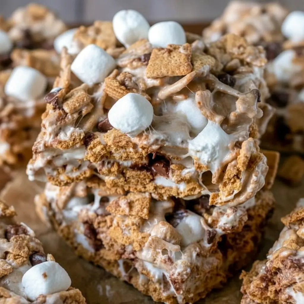 Delicious bars of Golden Graham S'mores Dessert loaded with melted marshmallows, chocolate chips, and crunchy cereal — a fun S'mores Recipe With Golden Grahams that works perfectly as a Tailgate Dessert Idea or quick party sweet.