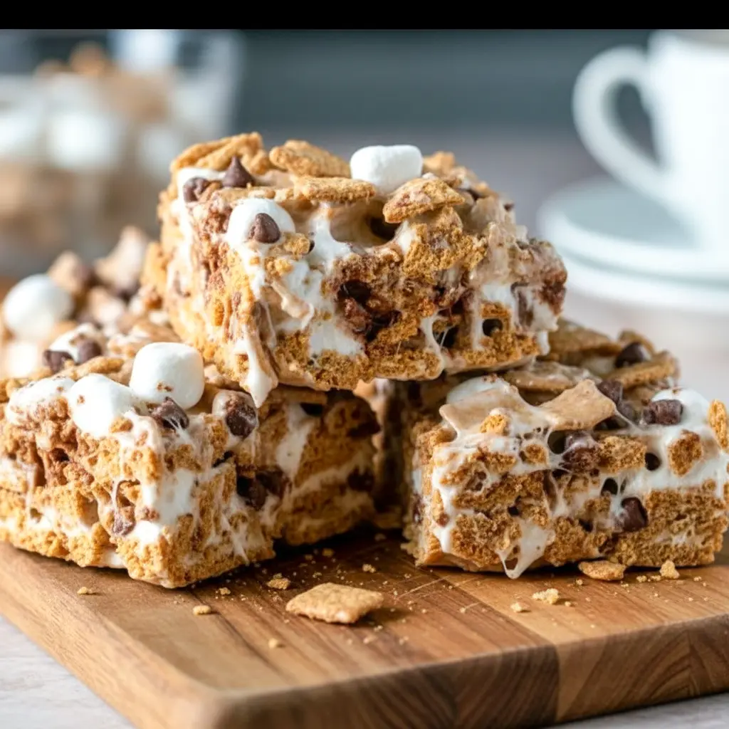 Delicious bars of Golden Graham S'mores Dessert loaded with melted marshmallows, chocolate chips, and crunchy cereal — a fun S'mores Recipe With Golden Grahams that works perfectly as a Tailgate Dessert Idea or quick party sweet.