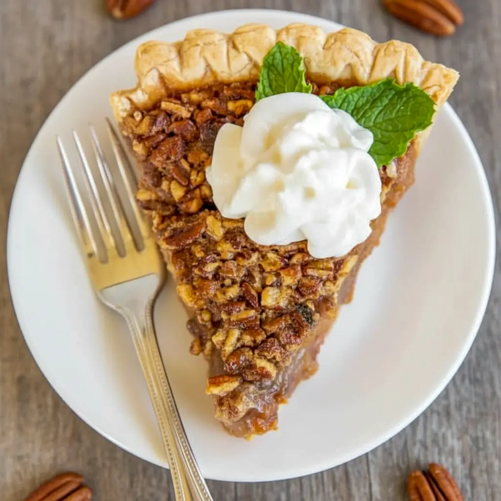 Slice of Layered Pecan Pumpkin Pie showing distinct pumpkin base and glossy Pumpkin Pie Pecan Topping with chopped pecans, a festive Homemade Pecan Pumpkin Pie ready for a holiday table.