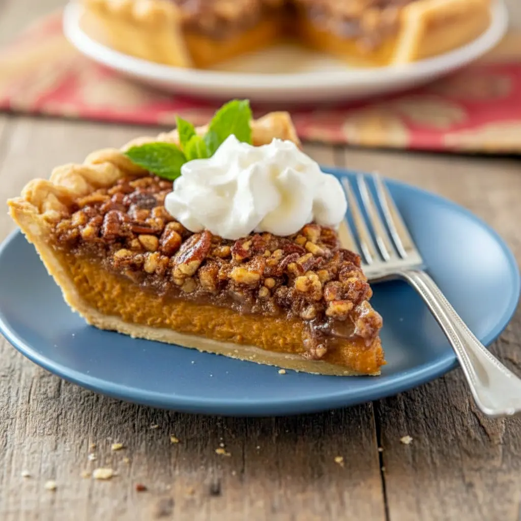 Slice of Layered Pecan Pumpkin Pie showing distinct pumpkin base and glossy Pumpkin Pie Pecan Topping with chopped pecans, a festive Homemade Pecan Pumpkin Pie ready for a holiday table.