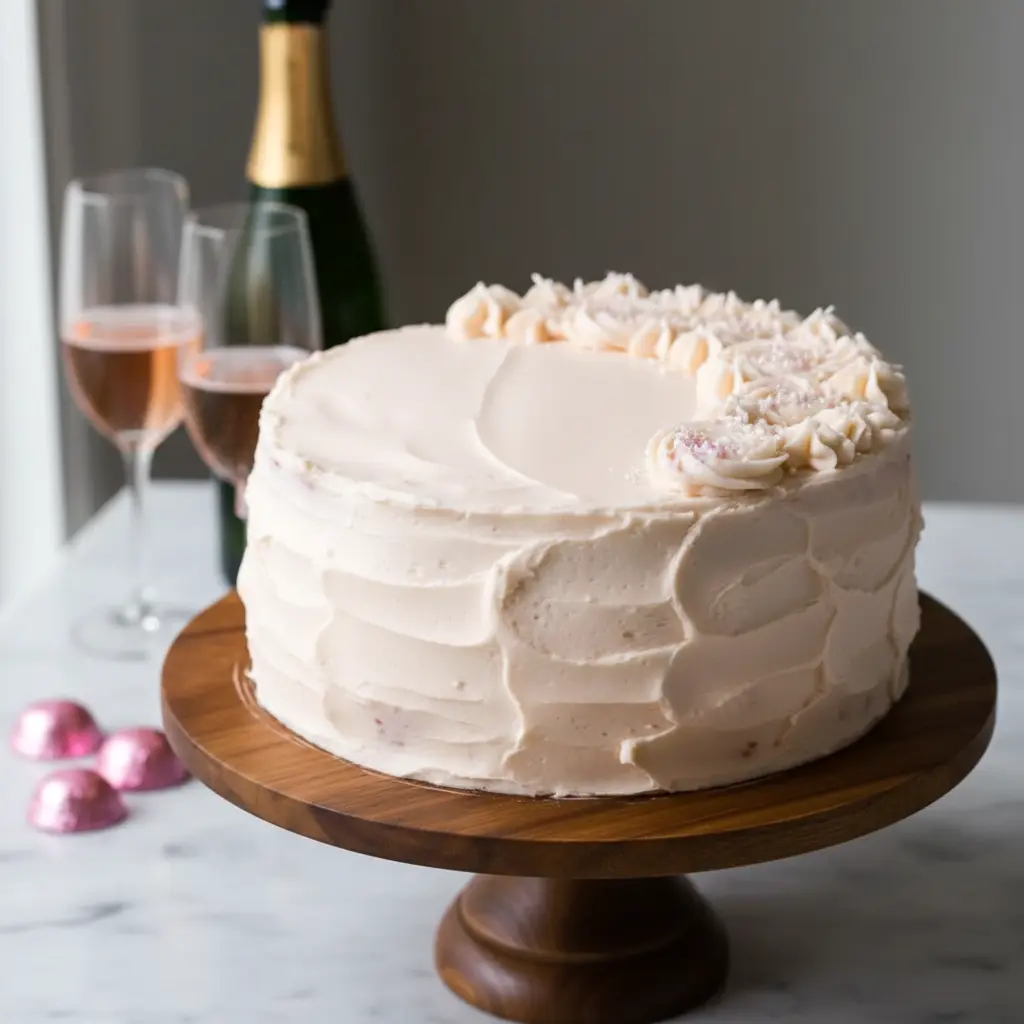 Elegant layered Pink Champagne Cake with soft blush buttercream swirls, a refined Champagne Cake perfect as a Light Pink Wedding Cake or celebration centerpiece.