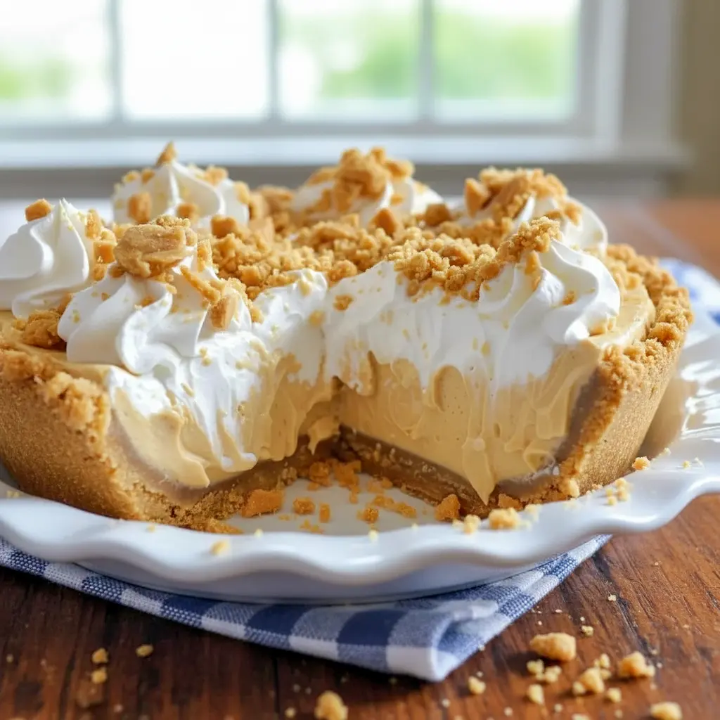Slice of Amish Peanut Butter Cream Pie topped with whipped cream and peanut butter crumbles on a flaky crust, a creamy Peanut Butter Cream Pie style Pie Dessert perfect for fans of Amish Recipes.