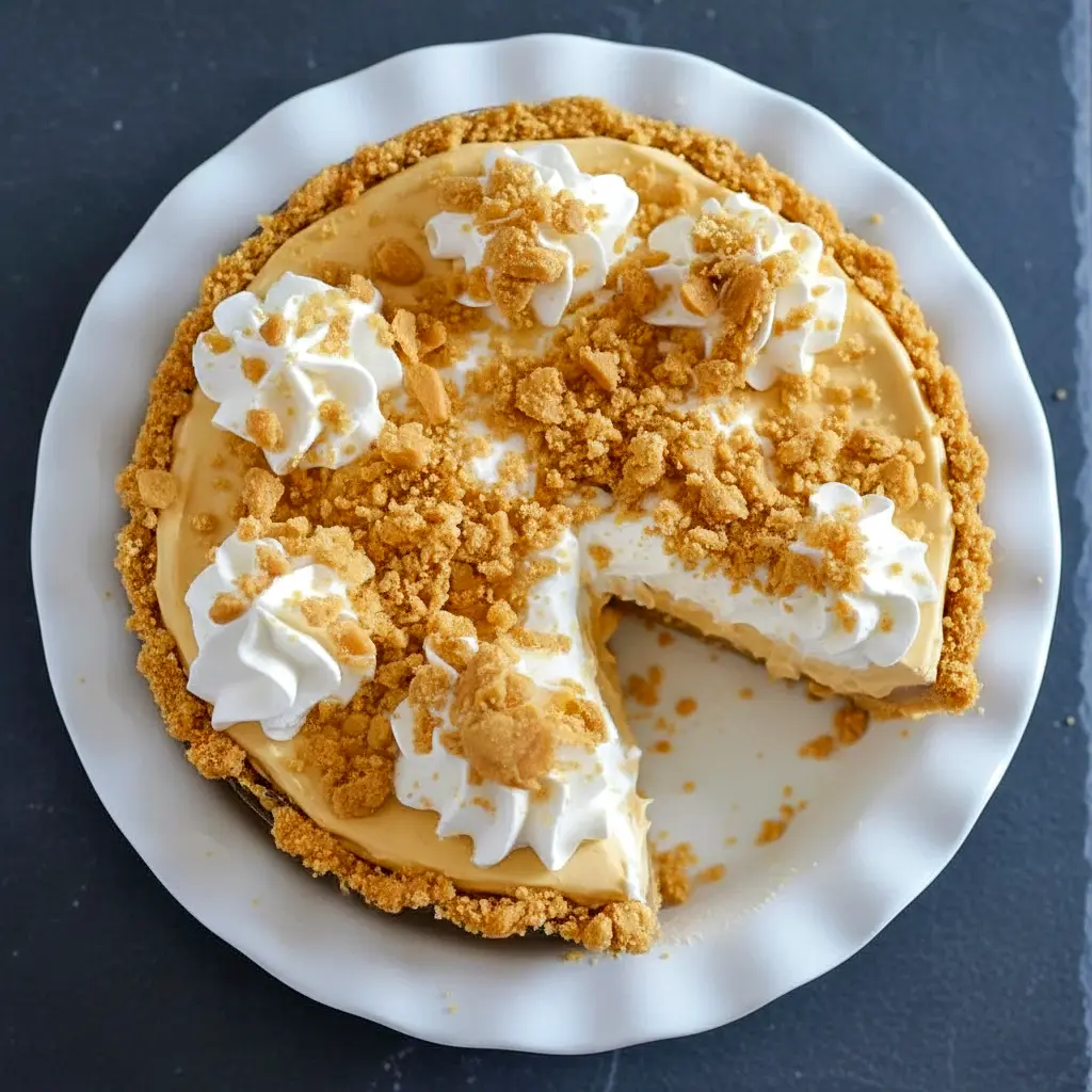 Slice of Amish Peanut Butter Cream Pie topped with whipped cream and peanut butter crumbles on a flaky crust, a creamy Peanut Butter Cream Pie style Pie Dessert perfect for fans of Amish Recipes.