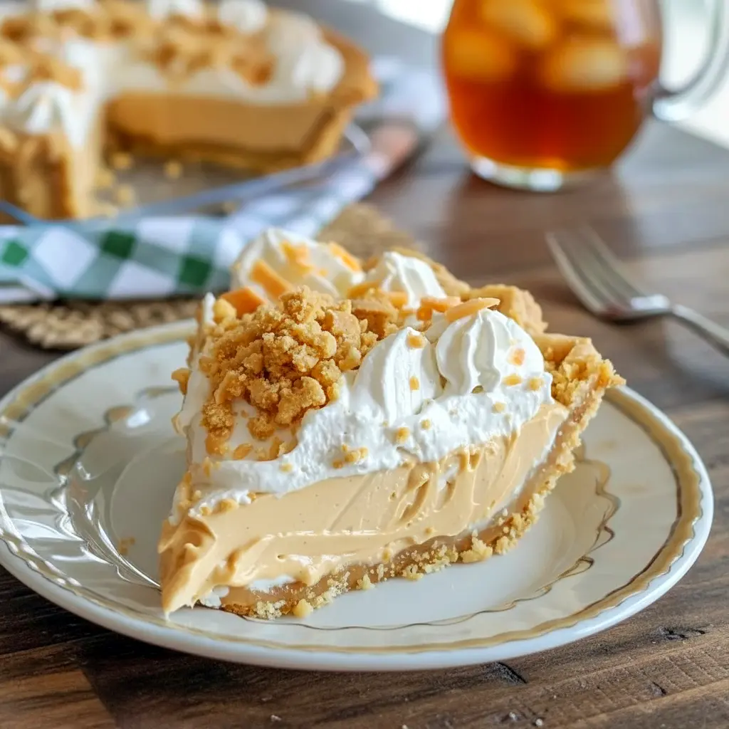 Slice of Amish Peanut Butter Cream Pie topped with whipped cream and peanut butter crumbles on a flaky crust, a creamy Peanut Butter Cream Pie style Pie Dessert perfect for fans of Amish Recipes.