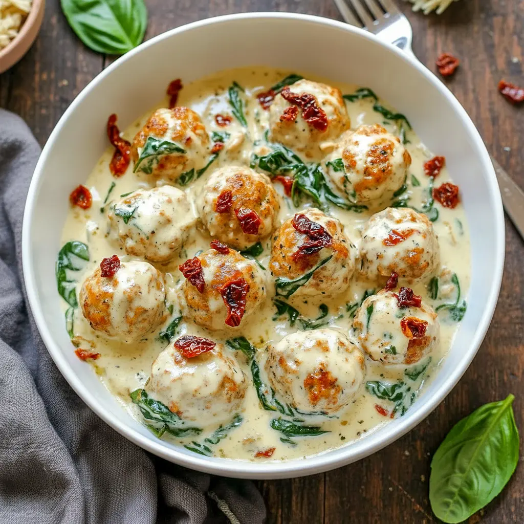 Creamy skillet of Chicken Ricotta Meatballs served with rich sauce, featuring Baked Chicken Ricotta Meatballs With Spinach Alfredo Sauce for a cozy dinner.