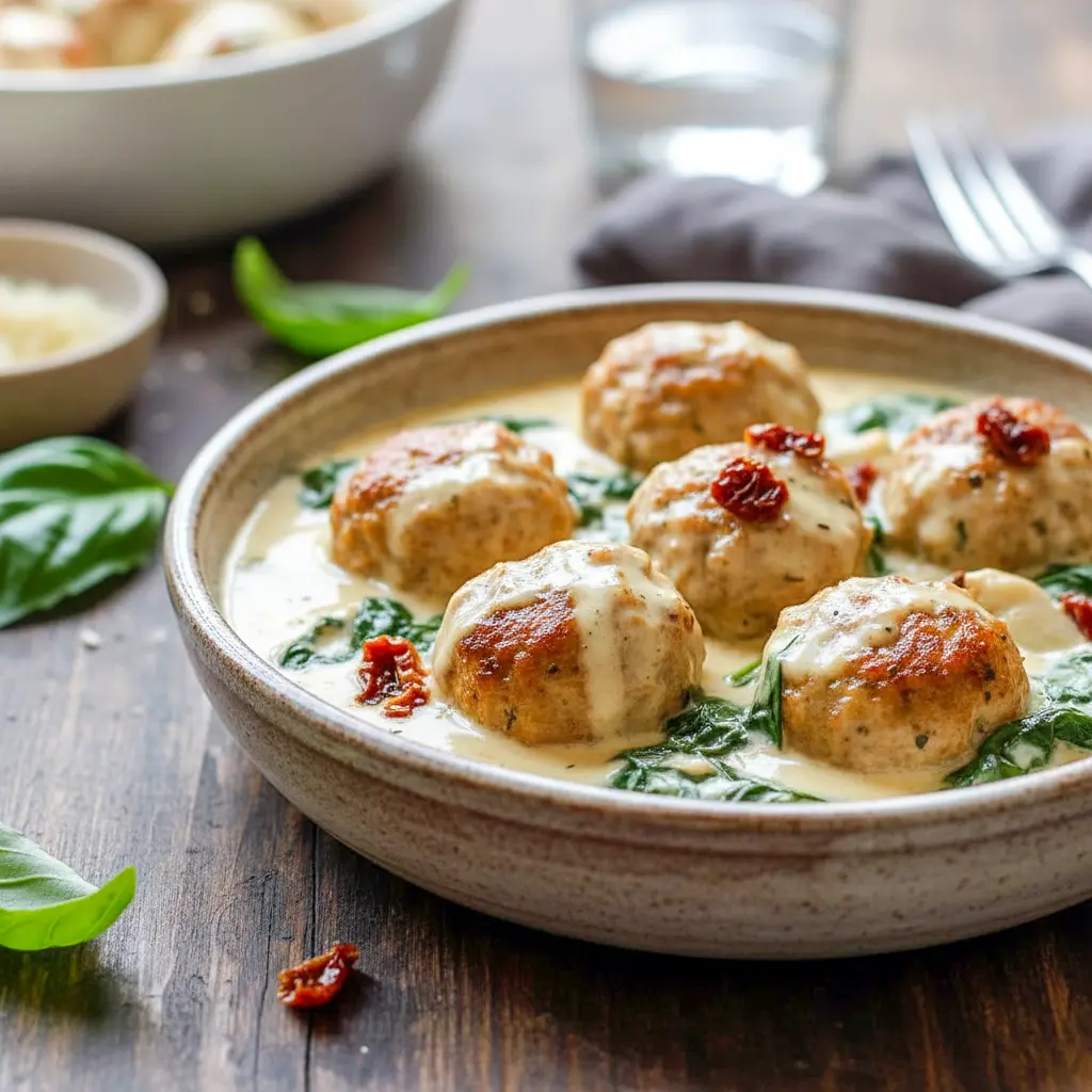 Creamy skillet of Chicken Ricotta Meatballs served with rich sauce, featuring Baked Chicken Ricotta Meatballs With Spinach Alfredo Sauce for a cozy dinner.