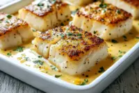 A close-up of Baked Cod Coconut Lemon in a rich, creamy sauce with herbs and peppers—perfect Baked Cod In Coconut Lemon Cream Sauce for a flavorful dinner.