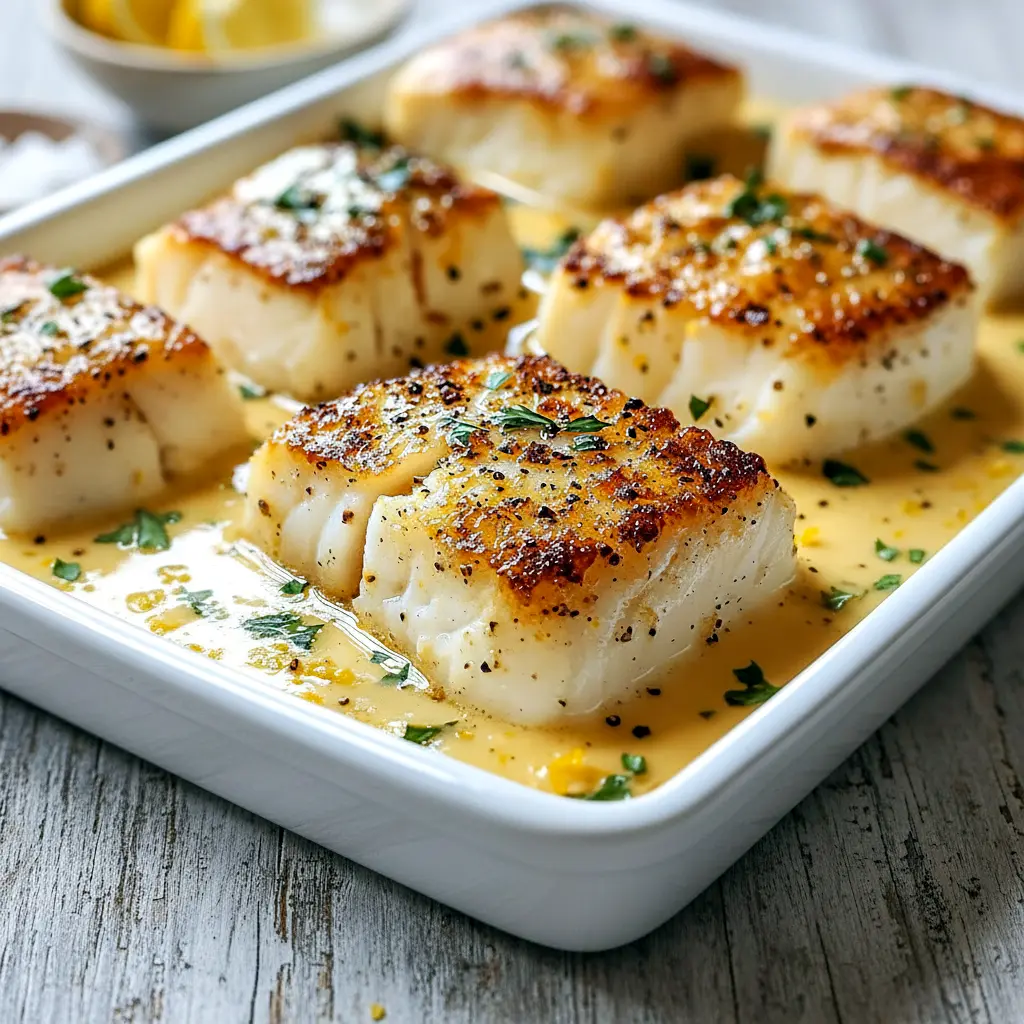 A close-up of Baked Cod Coconut Lemon in a rich, creamy sauce with herbs and peppers—perfect Baked Cod In Coconut Lemon Cream Sauce for a flavorful dinner.