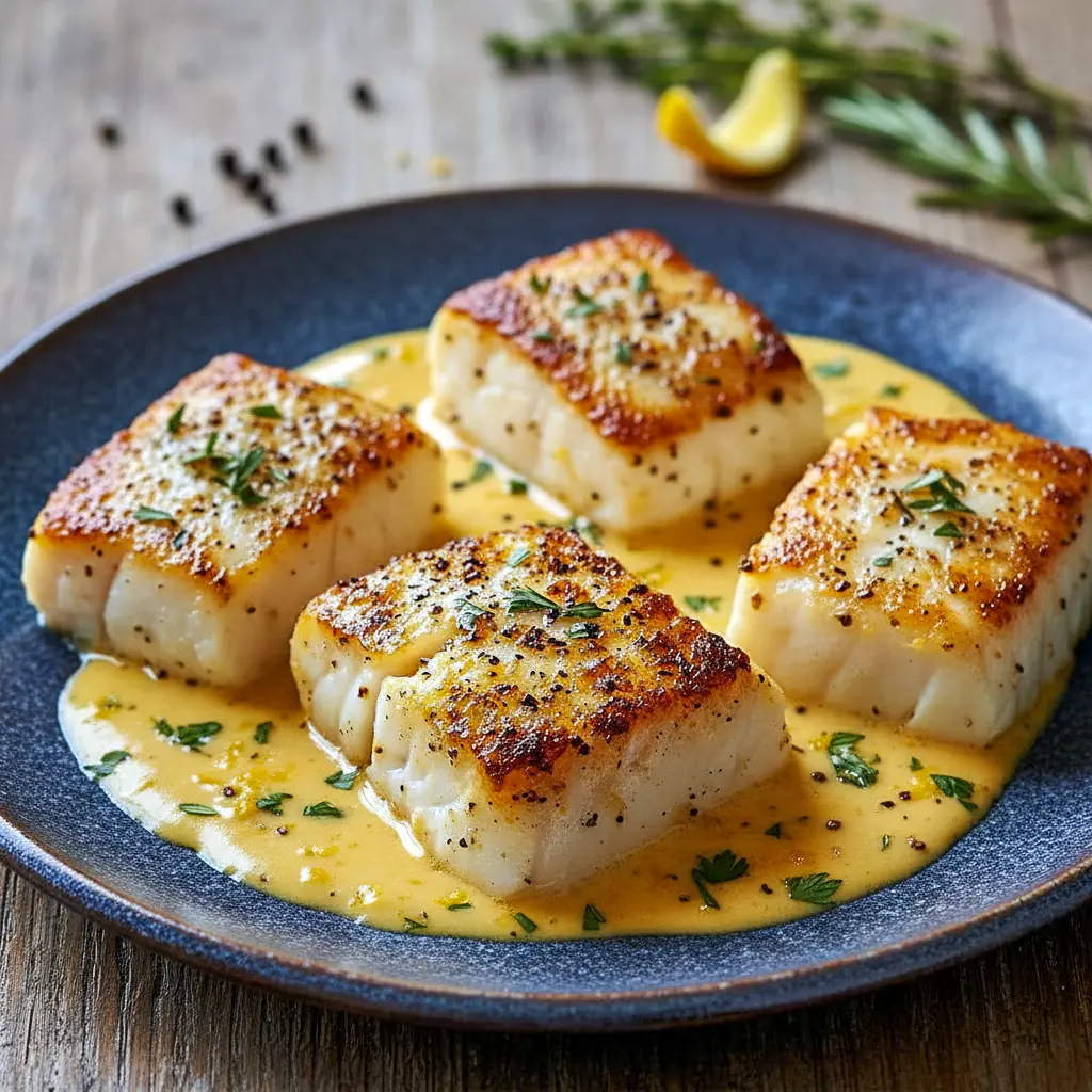 A close-up of Baked Cod Coconut Lemon in a rich, creamy sauce with herbs and peppers—perfect Baked Cod In Coconut Lemon Cream Sauce for a flavorful dinner.
