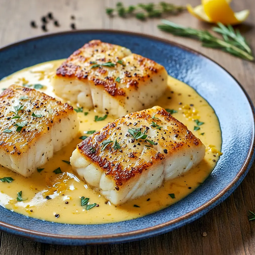 A close-up of Baked Cod Coconut Lemon in a rich, creamy sauce with herbs and peppers—perfect Baked Cod In Coconut Lemon Cream Sauce for a flavorful dinner.