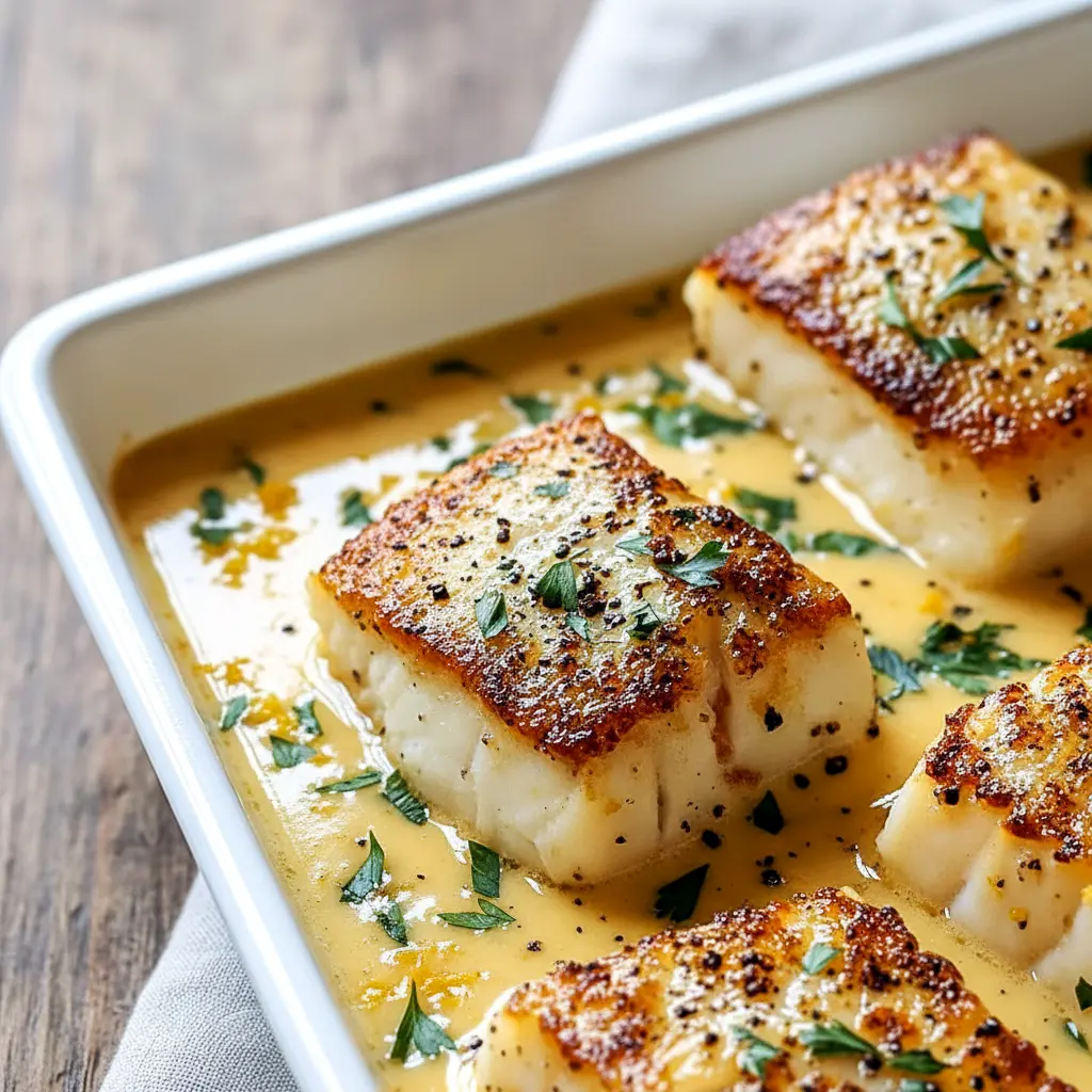 A close-up of Baked Cod Coconut Lemon in a rich, creamy sauce with herbs and peppers—perfect Baked Cod In Coconut Lemon Cream Sauce for a flavorful dinner.