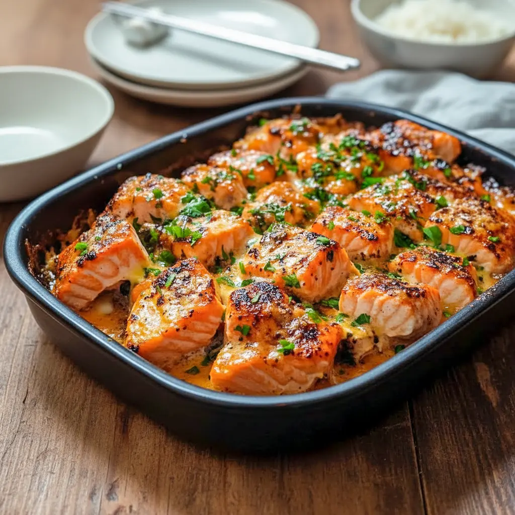 Golden baked Bang Bang Salmon topped with creamy sweet chili sauce and garnished with green onions, served as a vibrant Fish Dinner and flavorful addition to your favorite Seafood Dishes and Fish Recipes Healthy collection.