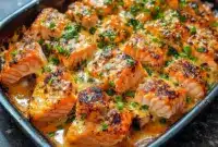 Golden baked Bang Bang Salmon topped with creamy sweet chili sauce and garnished with green onions, served as a vibrant Fish Dinner and flavorful addition to your favorite Seafood Dishes and Fish Recipes Healthy collection.