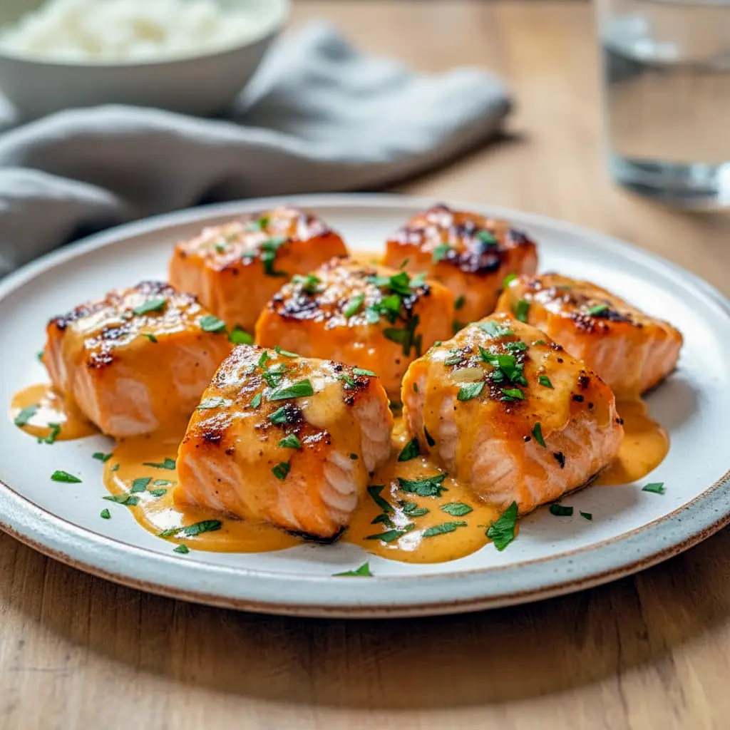 Golden baked Bang Bang Salmon topped with creamy sweet chili sauce and garnished with green onions, served as a vibrant Fish Dinner and flavorful addition to your favorite Seafood Dishes and Fish Recipes Healthy collection.