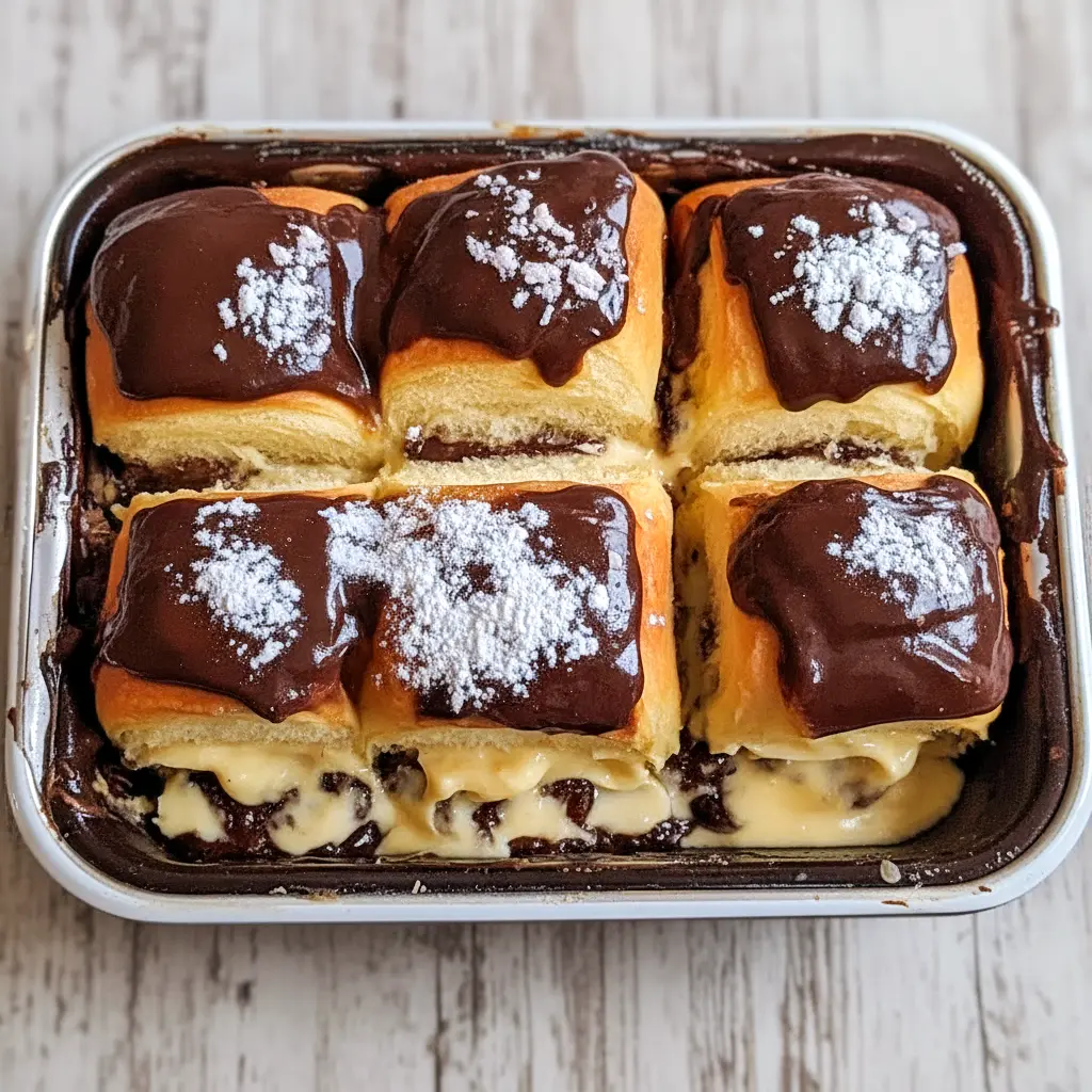Delicious Boston Cream Pie stuffed Hawaiian Rolls filled with cream and topped with chocolate, perfect for Quick Desserts and indulgent Sweet Treats Desserts.
