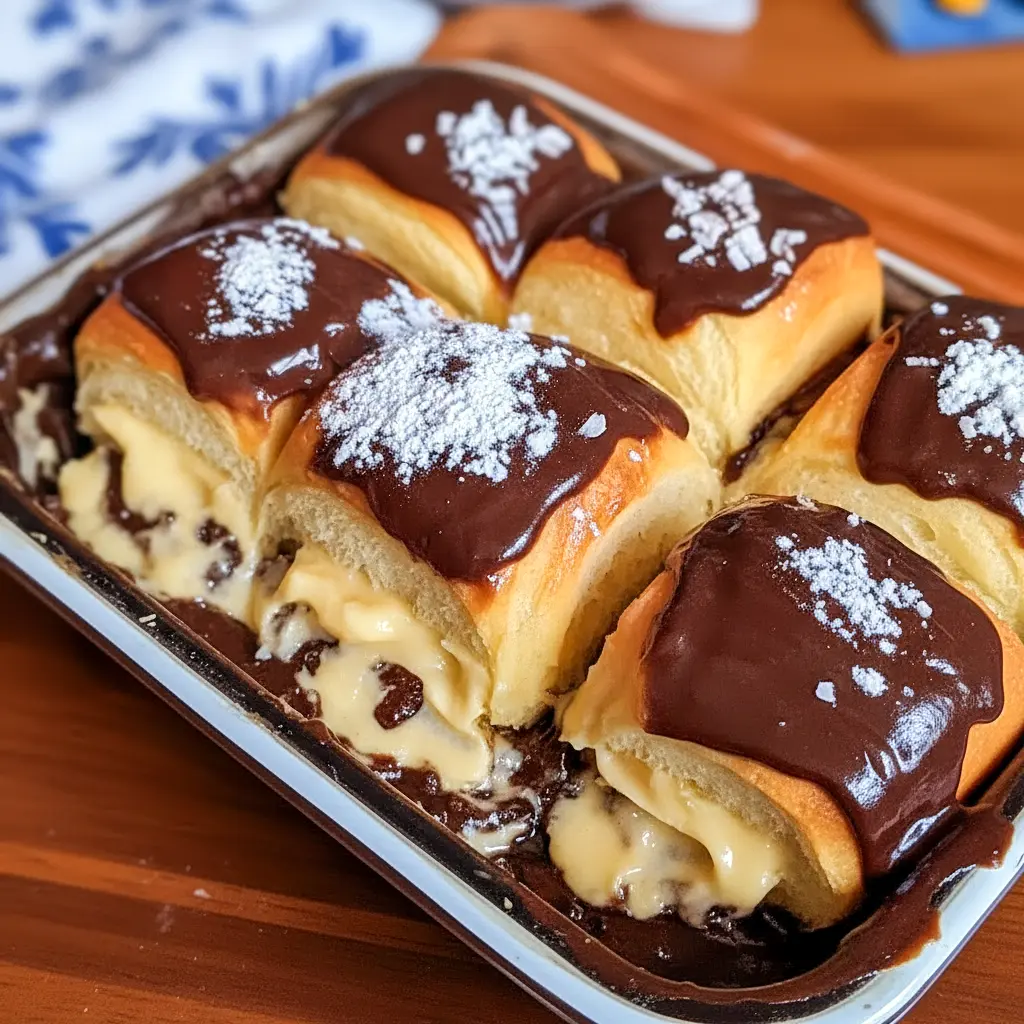 Delicious Boston Cream Pie stuffed Hawaiian Rolls filled with cream and topped with chocolate, perfect for Quick Desserts and indulgent Sweet Treats Desserts.