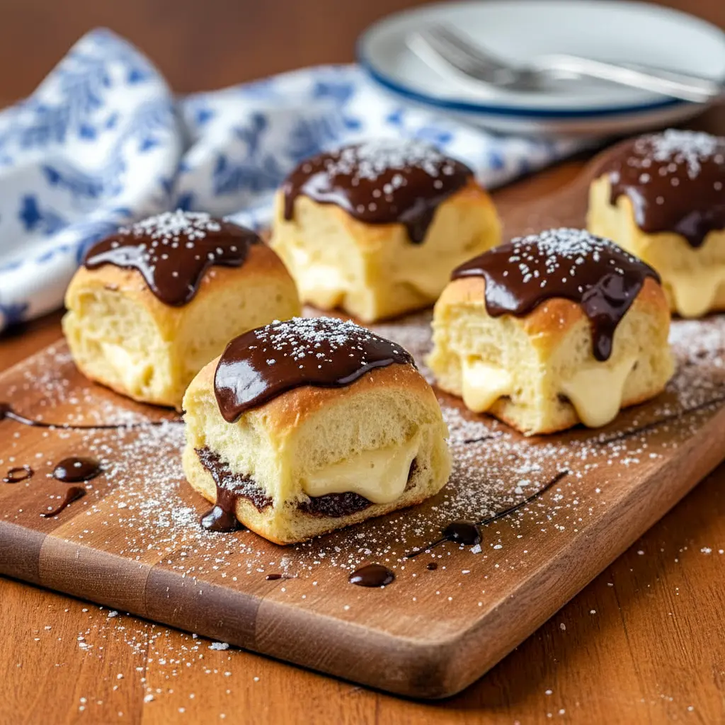 Delicious Boston Cream Pie stuffed Hawaiian Rolls filled with cream and topped with chocolate, perfect for Quick Desserts and indulgent Sweet Treats Desserts.