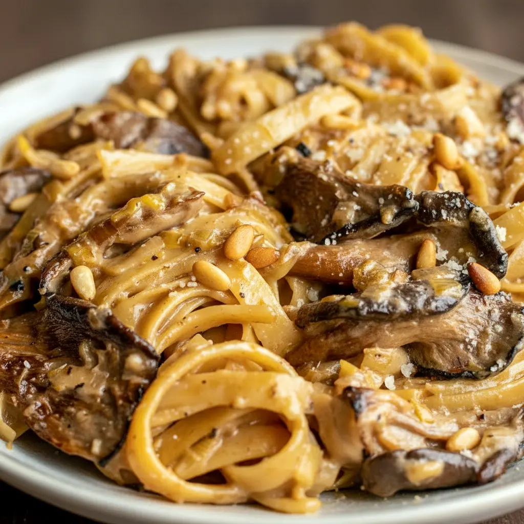 Caramelized Leek and Mushroom Gruyere Pasta served in a shallow bowl, coated in a creamy sauce with browned mushrooms, tender leeks, and melted cheese—an elegant option for cozy Pasta Dinner Recipes and hearty Vegetarian Dishes.