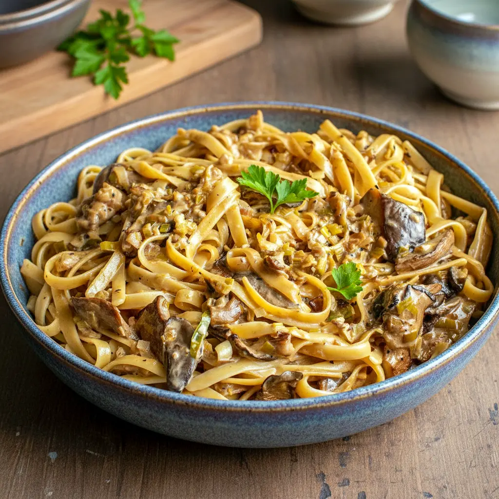 Caramelized Leek and Mushroom Gruyere Pasta served in a shallow bowl, coated in a creamy sauce with browned mushrooms, tender leeks, and melted cheese—an elegant option for cozy Pasta Dinner Recipes and hearty Vegetarian Dishes.
