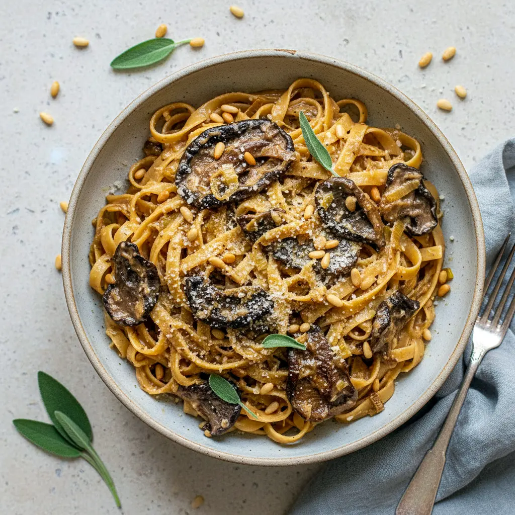 Caramelized Leek and Mushroom Gruyere Pasta served in a shallow bowl, coated in a creamy sauce with browned mushrooms, tender leeks, and melted cheese—an elegant option for cozy Pasta Dinner Recipes and hearty Vegetarian Dishes.
