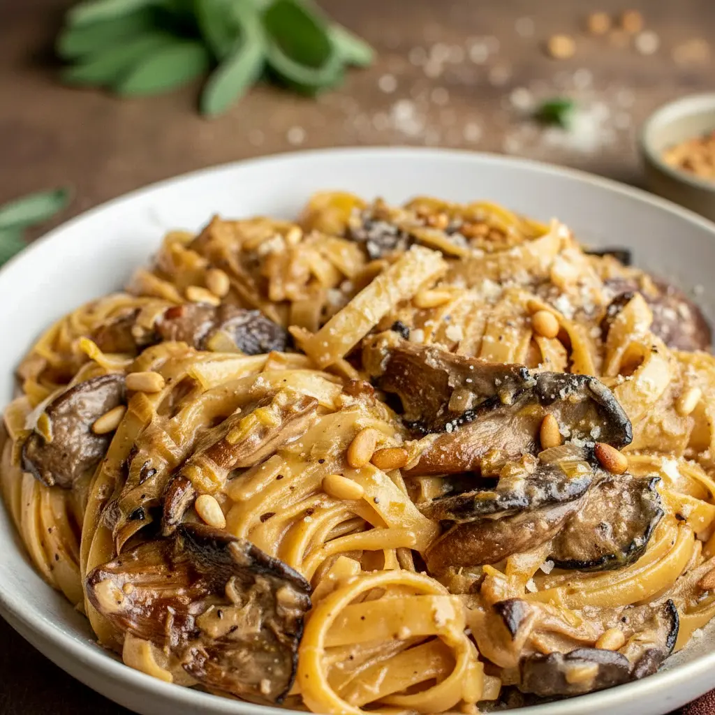 Caramelized Leek and Mushroom Gruyere Pasta served in a shallow bowl, coated in a creamy sauce with browned mushrooms, tender leeks, and melted cheese—an elegant option for cozy Pasta Dinner Recipes and hearty Vegetarian Dishes.