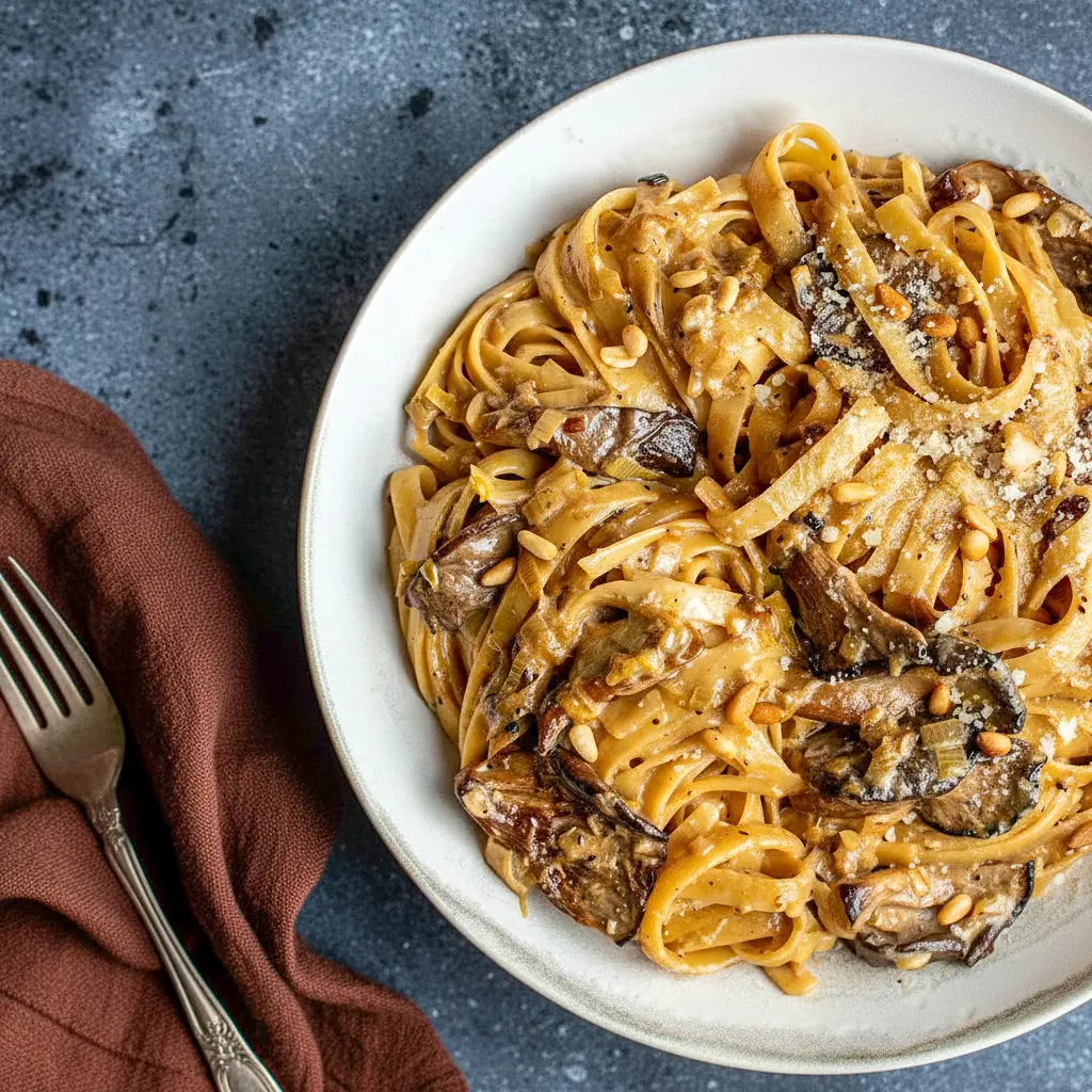 Caramelized Leek and Mushroom Gruyere Pasta served in a shallow bowl, coated in a creamy sauce with browned mushrooms, tender leeks, and melted cheese—an elegant option for cozy Pasta Dinner Recipes and hearty Vegetarian Dishes.